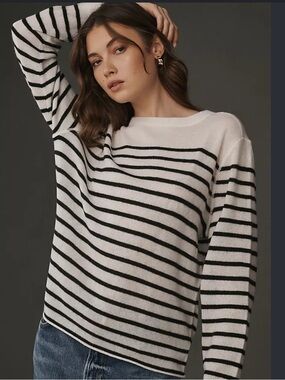 Reformation Cream and Black Striped Crewneck Sweater Cashmere